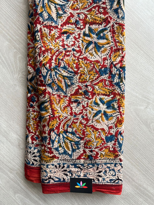 Floral Handblock Printed Kalamkari Mul Cotton Saree - 31814_31815