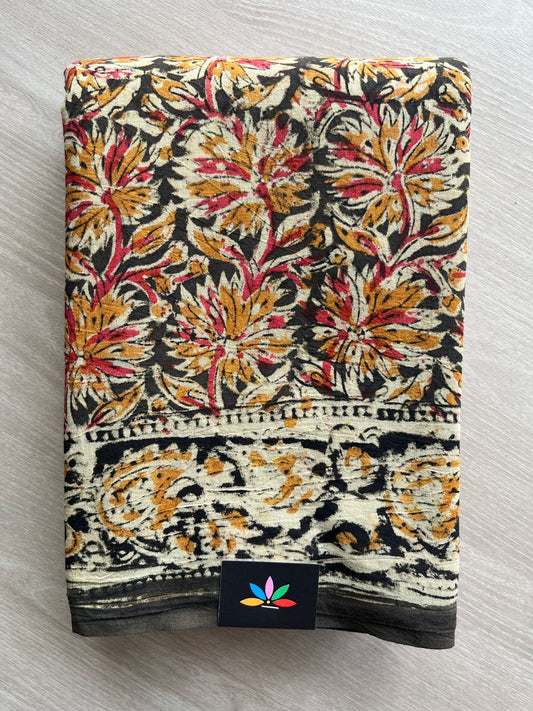 Floral Handblock Printed Kalamkari Mul Cotton Saree - 31816_31817