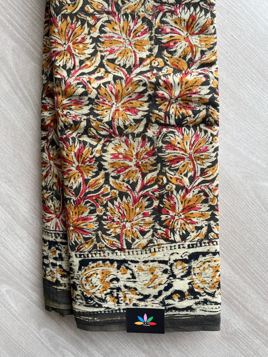 Floral Handblock Printed Kalamkari Mul Cotton Saree - 31816_31817