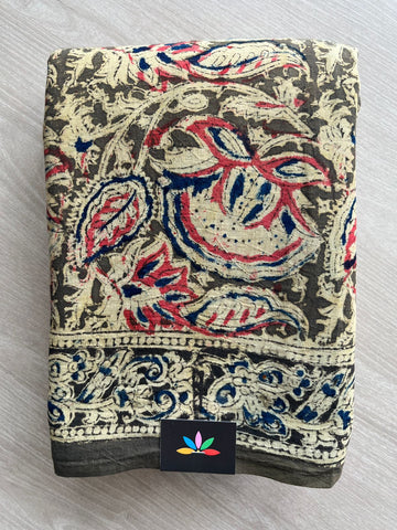 Floral Handblock Printed Kalamkari Mul Cotton Saree - 31820_31821