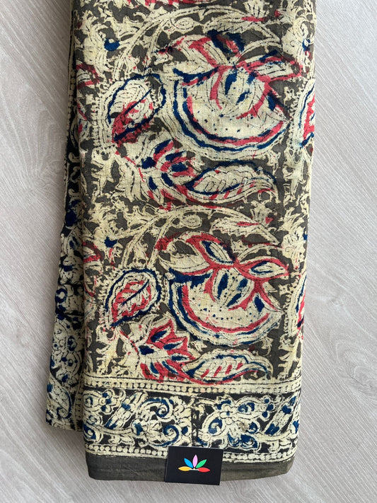 Floral Handblock Printed Kalamkari Mul Cotton Saree - 31820_31821