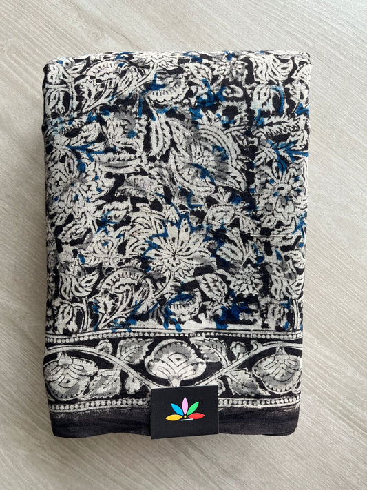 Floral Handblock Printed Kalamkari Mul Cotton Saree - 31822_31823