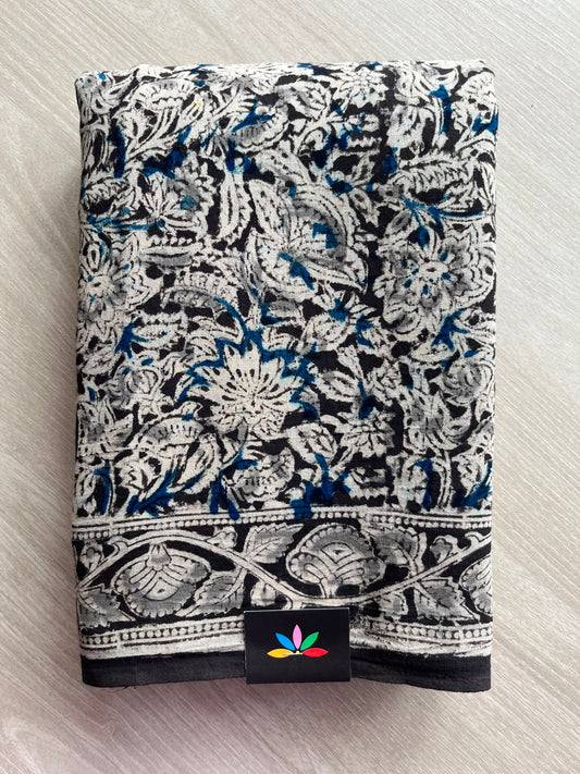 Floral Handblock Printed Kalamkari Mul Cotton Saree - 31822_31823