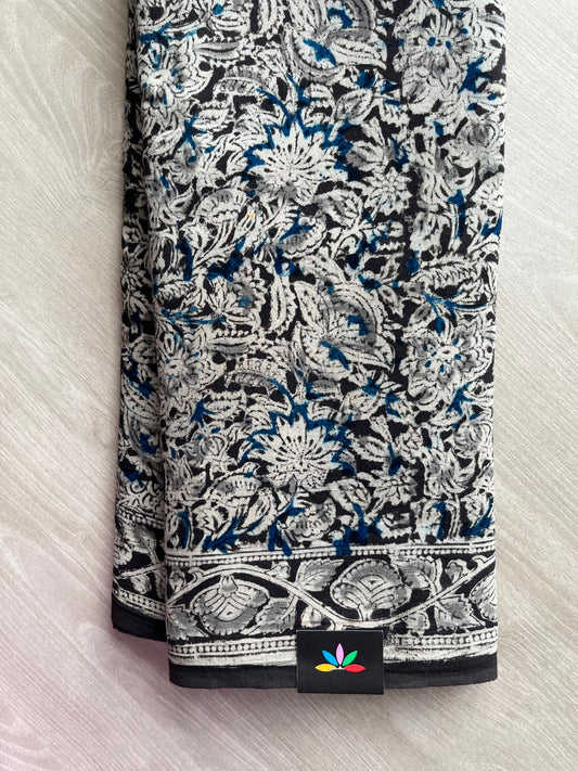 Floral Handblock Printed Kalamkari Mul Cotton Saree - 31822_31823