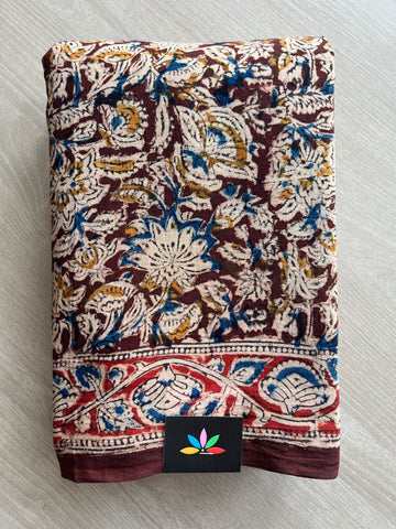 Floral Handblock Printed Kalamkari Mul Cotton Saree - 31824_31825