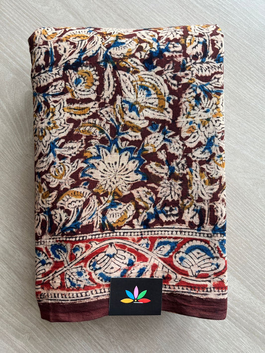 Floral Handblock Printed Kalamkari Mul Cotton Saree - 31824_31825