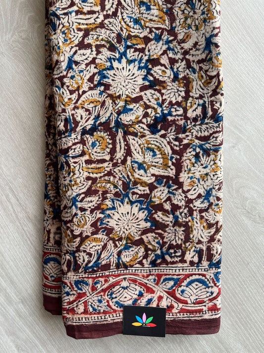 Floral Handblock Printed Kalamkari Mul Cotton Saree - 31824_31825