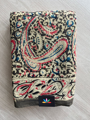 Paisley Handblock Printed Kalamkari Mul Cotton Saree - 31826_31827