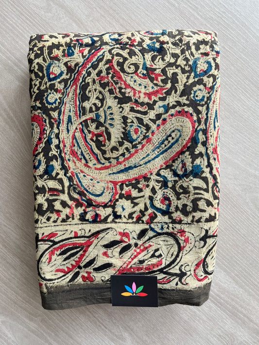 Paisley Handblock Printed Kalamkari Mul Cotton Saree - 31826_31827