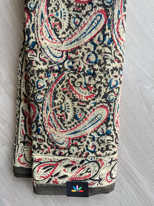 Paisley Handblock Printed Kalamkari Mul Cotton Saree - 31826_31827