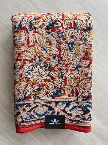 Floral Handblock Printed Kalamkari Mul Cotton Saree - 31828_31829