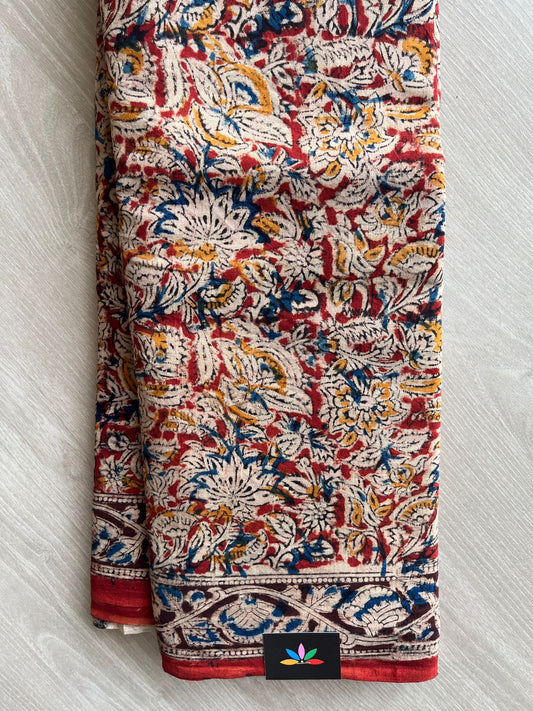 Floral Handblock Printed Kalamkari Mul Cotton Saree - 31828_31829