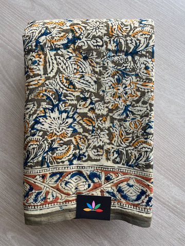 Floral Handblock Printed Kalamkari Mul Cotton Saree - 31830_31831
