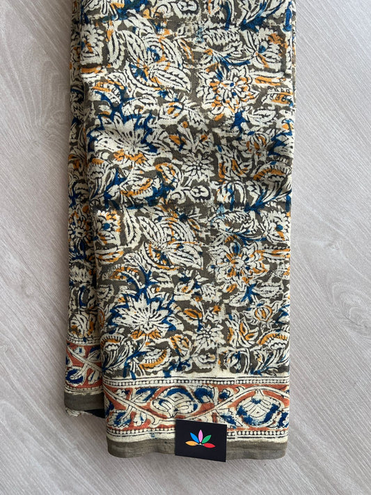 Floral Handblock Printed Kalamkari Mul Cotton Saree - 31830_31831