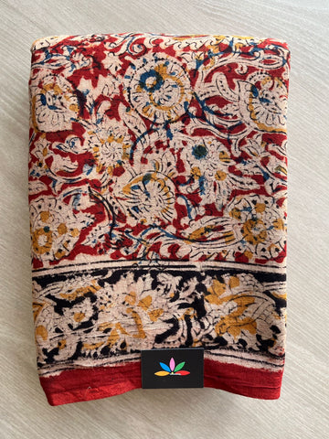 Floral Handblock Printed Kalamkari Mul Cotton Saree - 31832_31833