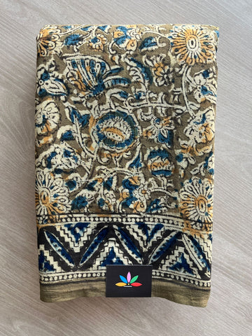Floral Handblock Printed Kalamkari Mul Cotton Saree - 31838_31839