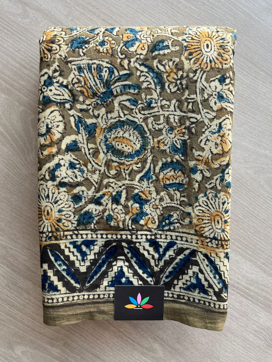 Floral Handblock Printed Kalamkari Mul Cotton Saree - 31838_31839