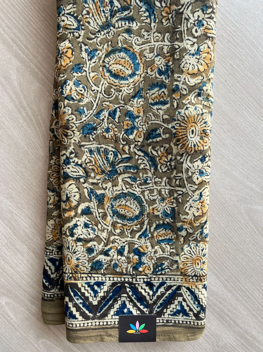 Floral Handblock Printed Kalamkari Mul Cotton Saree - 31838_31839