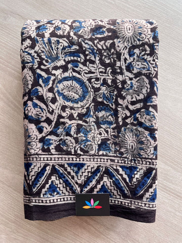 Floral Handblock Printed Kalamkari Mul Cotton Saree - 31840_31841