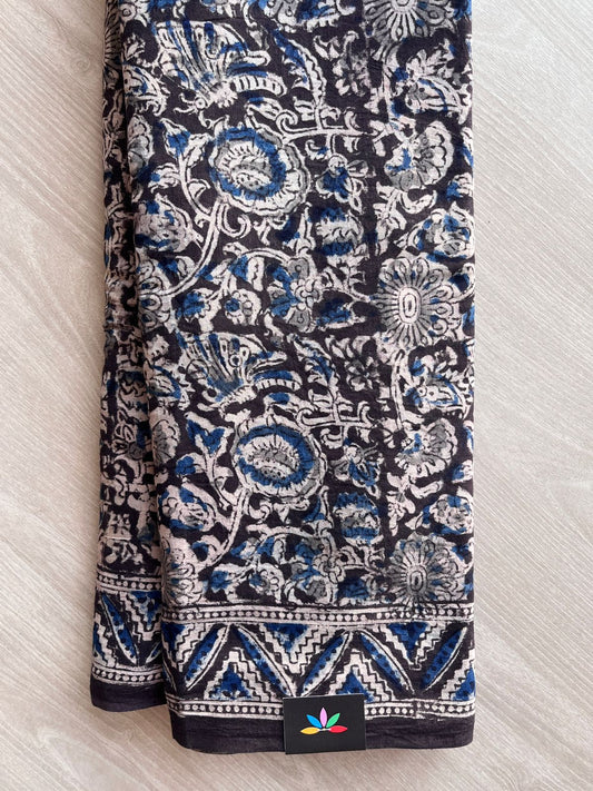 Floral Handblock Printed Kalamkari Mul Cotton Saree - 31840_31841