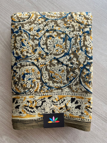 Floral Handblock Printed Kalamkari Mul Cotton Saree - 31842_31843