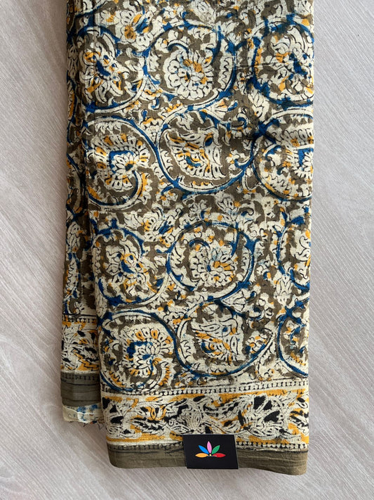 Floral Handblock Printed Kalamkari Mul Cotton Saree - 31842_31843