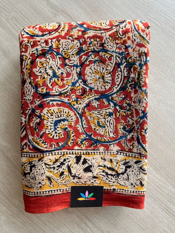 Floral Handblock Printed Kalamkari Mul Cotton Saree - 31844_31845