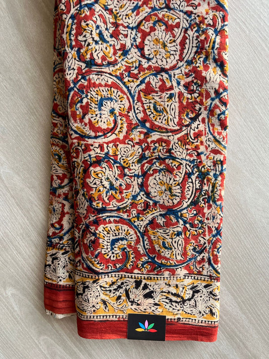 Floral Handblock Printed Kalamkari Mul Cotton Saree - 31844_31845