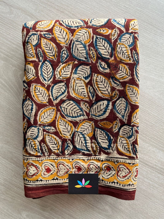 Leaf Handblock Printed Kalamkari Mul Cotton Saree - 31848_31849