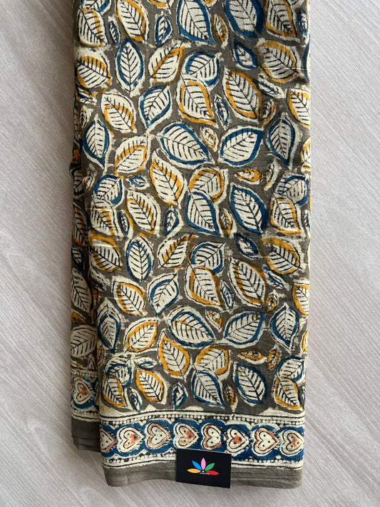 Leaf Handblock Printed Kalamkari Mul Cotton Saree - 31850_31851