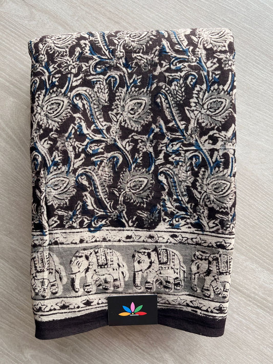 Floral Handblock Printed Kalamkari Mul Cotton Saree - 31854_31855