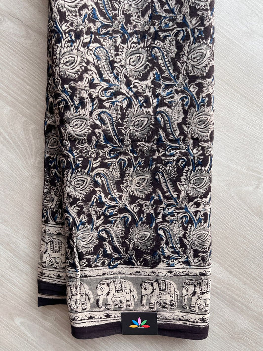 Floral Handblock Printed Kalamkari Mul Cotton Saree - 31854_31855