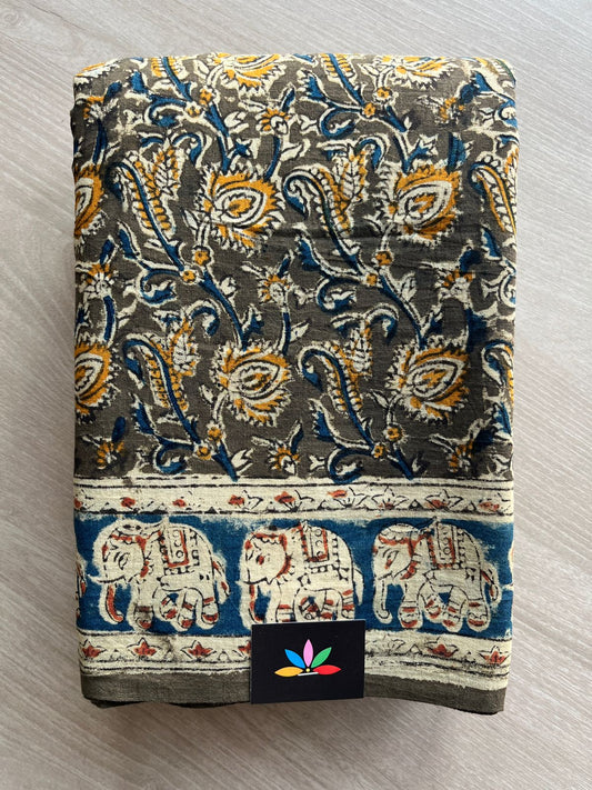 Floral Handblock Printed Kalamkari Mul Cotton Saree - 31860_31861