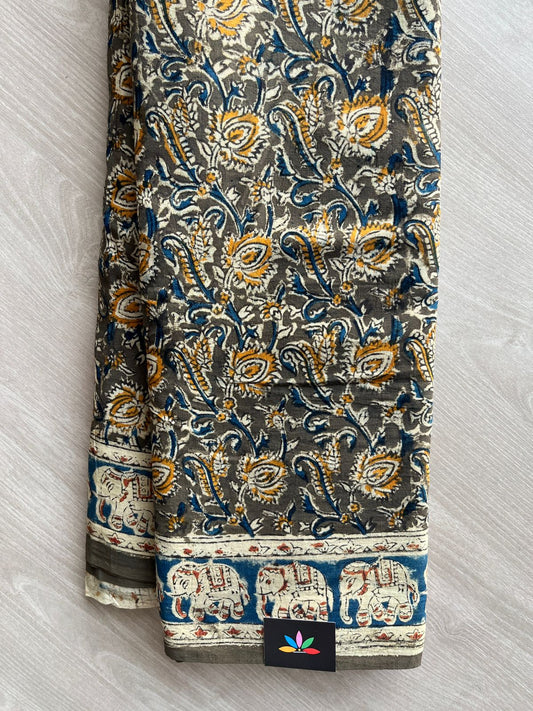Floral Handblock Printed Kalamkari Mul Cotton Saree - 31860_31861
