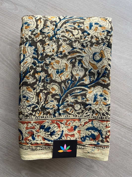 Floral Handblock Printed Kalamkari Mul Cotton Saree - 31866_31867