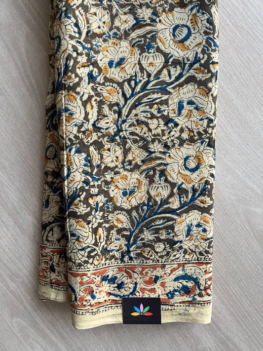Floral Handblock Printed Kalamkari Mul Cotton Saree - 31866_31867
