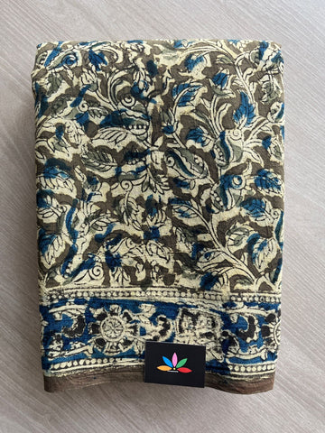 Leaf Handblock Printed Kalamkari Mul Cotton Saree - 31868_31869