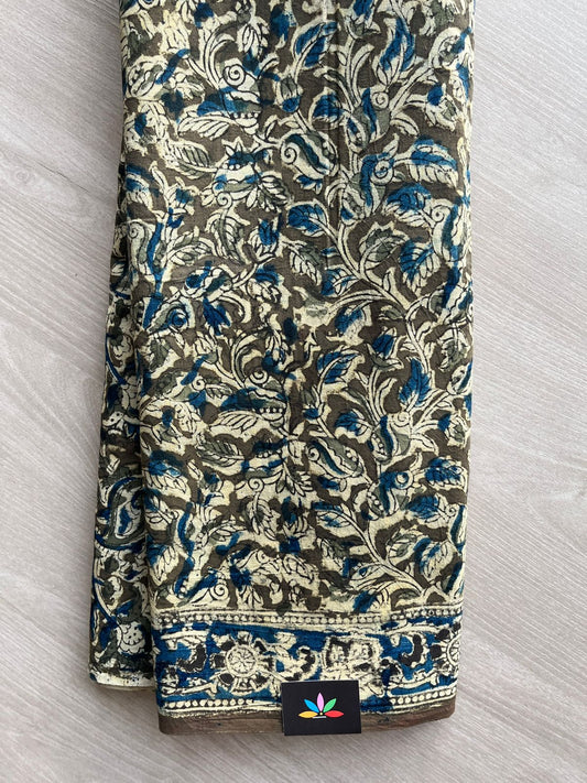 Leaf Handblock Printed Kalamkari Mul Cotton Saree - 31868_31869