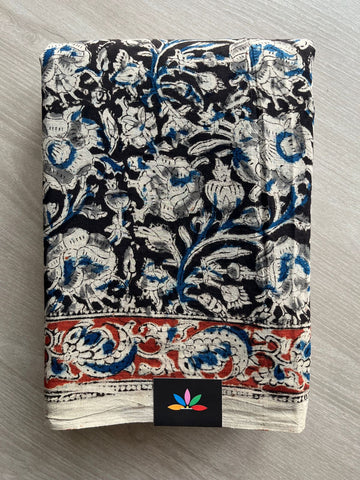 Floral Handblock Printed Kalamkari Mul Cotton Saree - 31870_31871