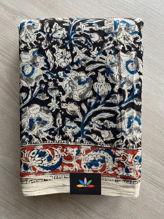 Floral Handblock Printed Kalamkari Mul Cotton Saree - 31870_31871