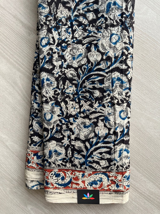 Floral Handblock Printed Kalamkari Mul Cotton Saree - 31870_31871