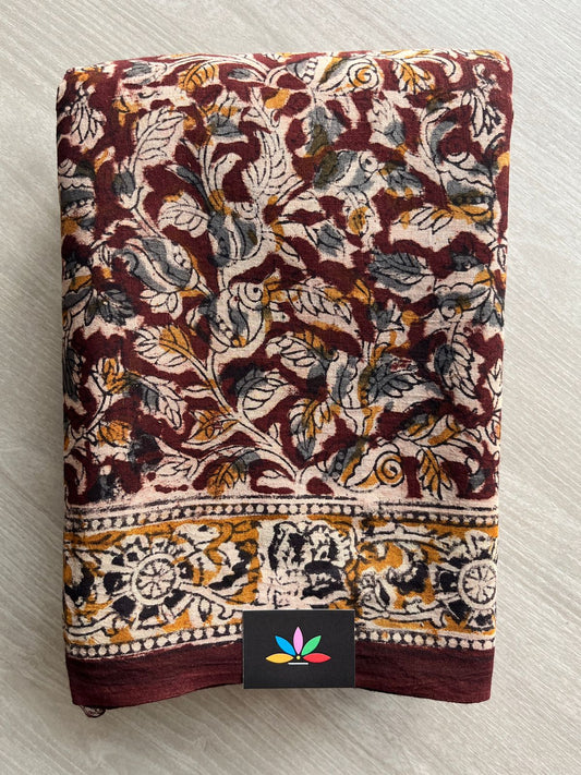 Floral Handblock Printed Kalamkari Mul Cotton Saree - 31872_31873