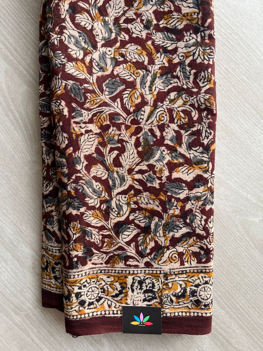 Floral Handblock Printed Kalamkari Mul Cotton Saree - 31872_31873
