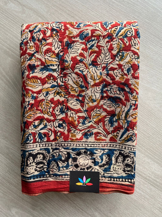 Floral Handblock Printed Kalamkari Mul Cotton Saree - 31874_31875