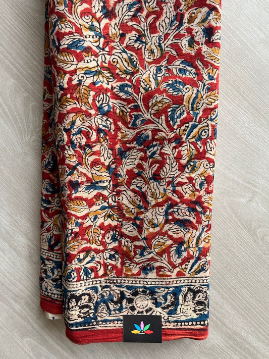 Floral Handblock Printed Kalamkari Mul Cotton Saree - 31874_31875