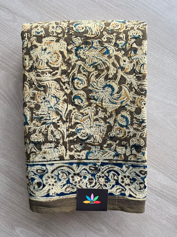Floral Handblock Printed Kalamkari Mul Cotton Saree - 31876_31877