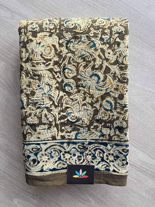 Floral Handblock Printed Kalamkari Mul Cotton Saree - 31876_31877