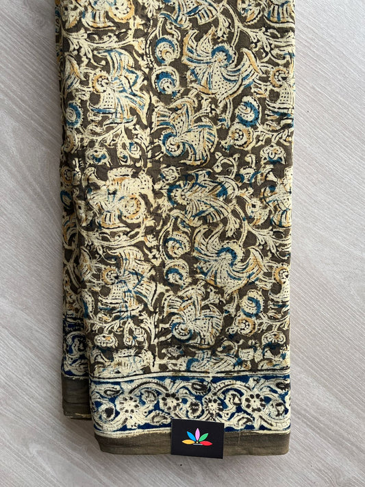 Floral Handblock Printed Kalamkari Mul Cotton Saree - 31876_31877