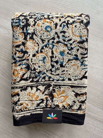 Floral Handblock Printed Kalamkari Mul Cotton Saree - 31880_31881