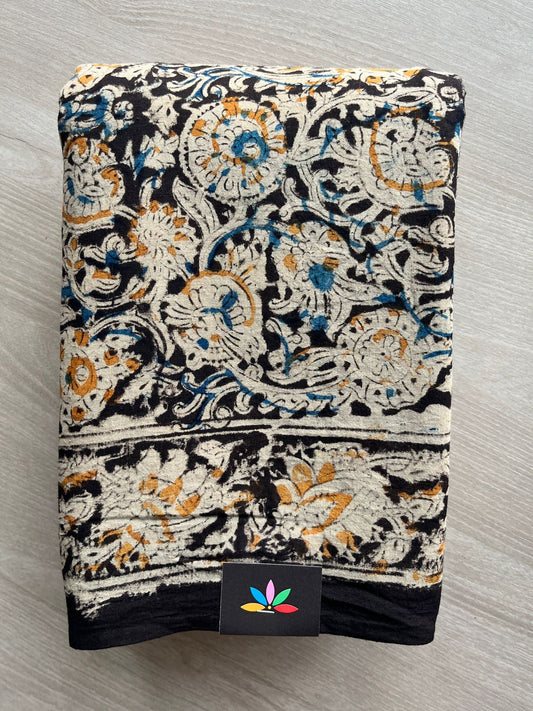 Floral Handblock Printed Kalamkari Mul Cotton Saree - 31880_31881